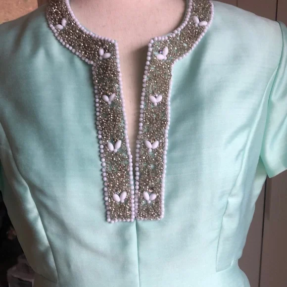 Exquisite Vintage Mint Green Sateen Dress Amazing Beading EUC! Sz M Pockets! - Picture 2 of 11